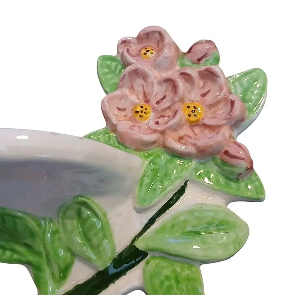 Vtg Pink Bouquet of Flowers Green Leaves Bow Ceramic Hanging Wall‎ Shelf Decor